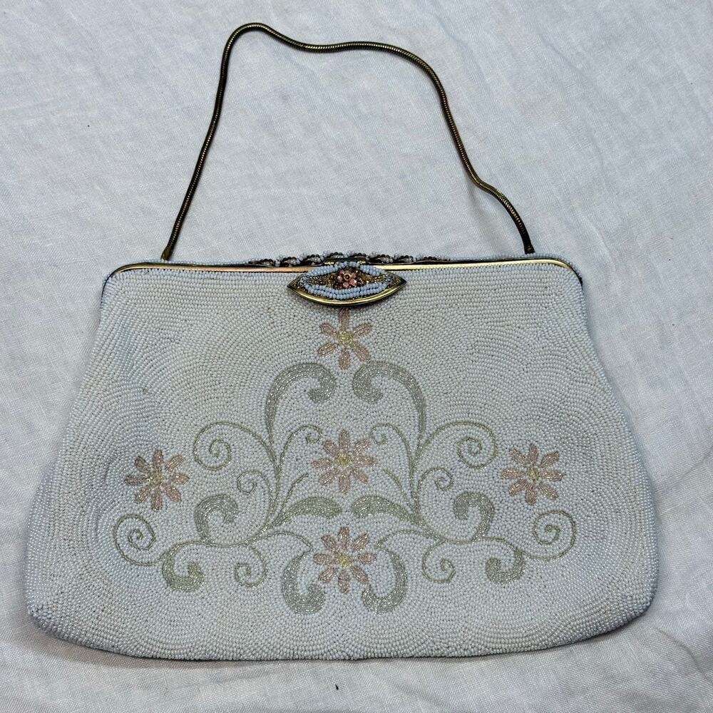 Vintage 1950s Intricate Beaded Floral Scroll Pastel Gold Frame Mini Handbag - Picture 2 of 9